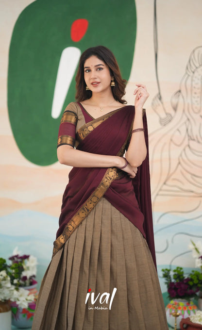 Padmaja Cotton Half Saree - Beige and Dark Maroon Half Sarees