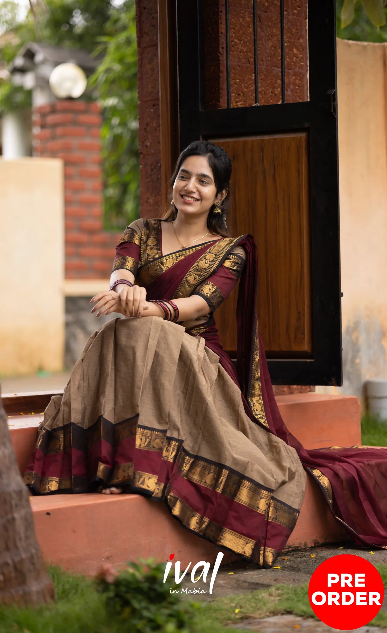 Padmaja Cotton Half Saree - Beige and Dark Maroon Half Sarees