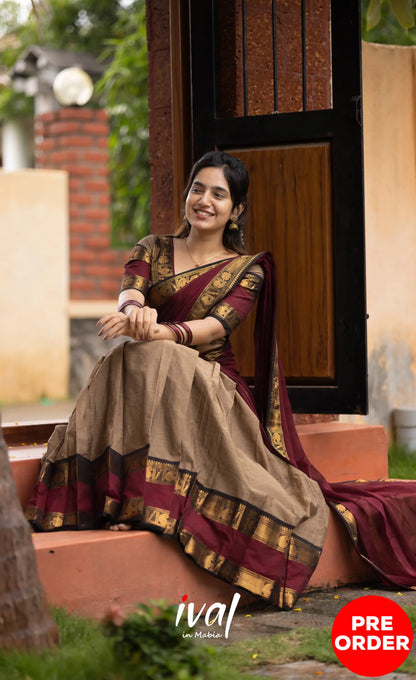 Padmaja Cotton Half Saree - Beige and Dark Maroon Half Sarees