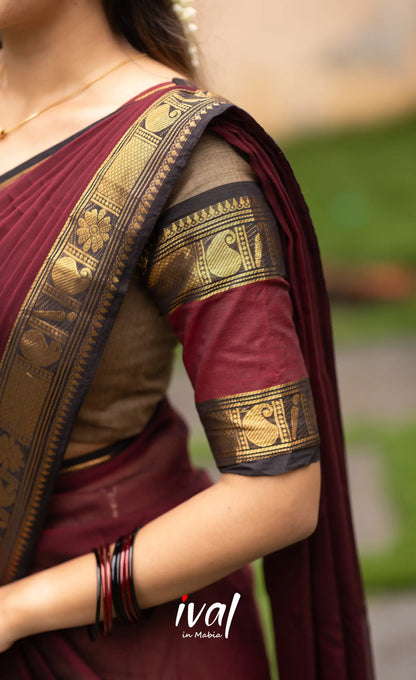 Padmaja Cotton Half Saree - Beige and Dark Maroon Half Sarees