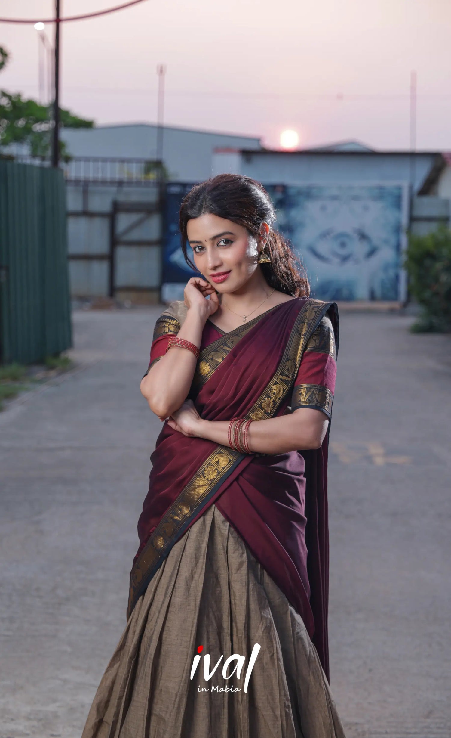 Padmaja Cotton Half Saree - Beige and Dark Maroon - Half Sarees