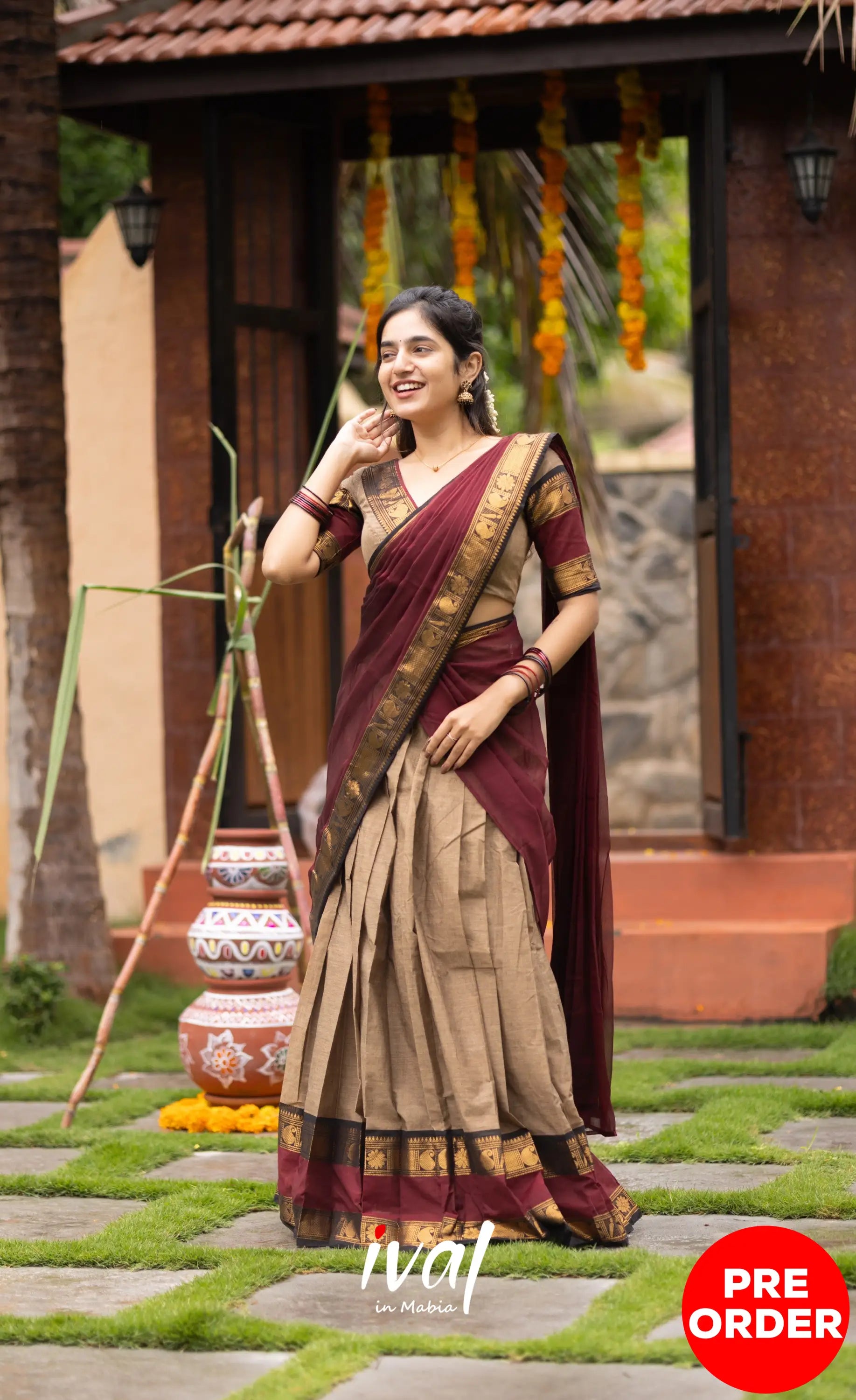 Padmaja Cotton Half Saree - Beige and Dark Maroon Half Sarees