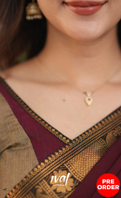 Padmaja Cotton Half Saree - Beige and Dark Maroon Half Sarees