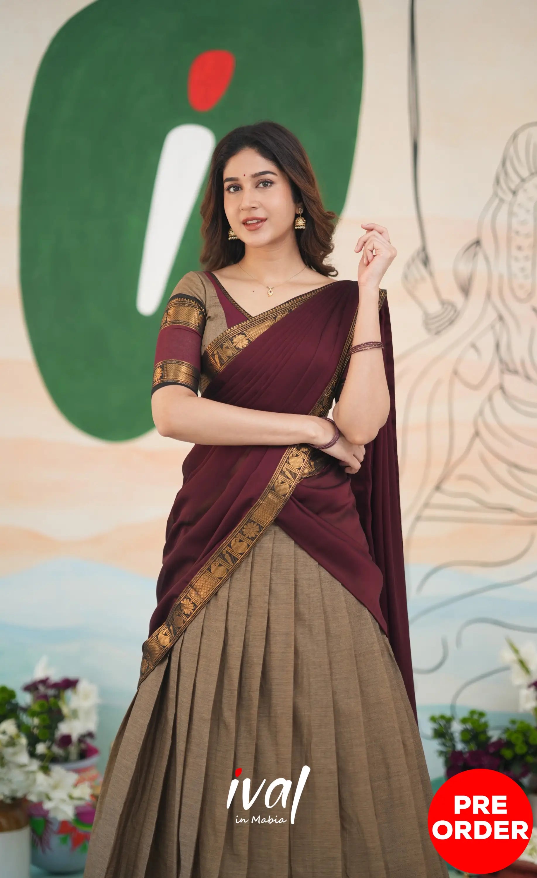 Padmaja Cotton Half Saree - Beige and Dark Maroon Half Sarees