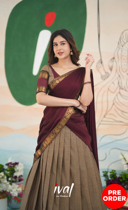 Padmaja Cotton Half Saree - Beige and Dark Maroon Half Sarees