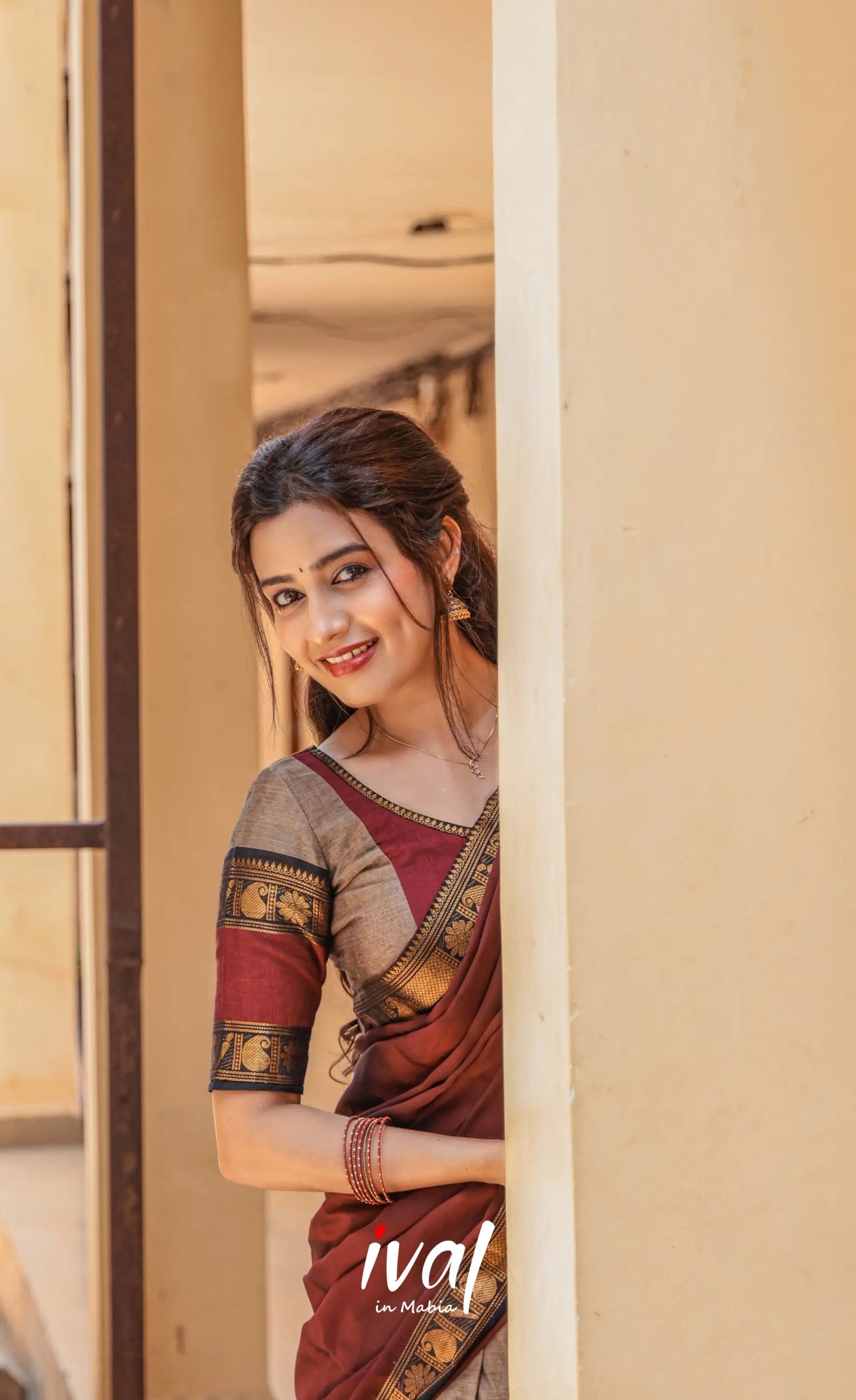 Padmaja Cotton Half Saree - Beige and Dark Maroon - Half Sarees