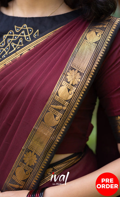 Padmaja Cotton Half Saree - Beige and Dark Maroon Half Sarees