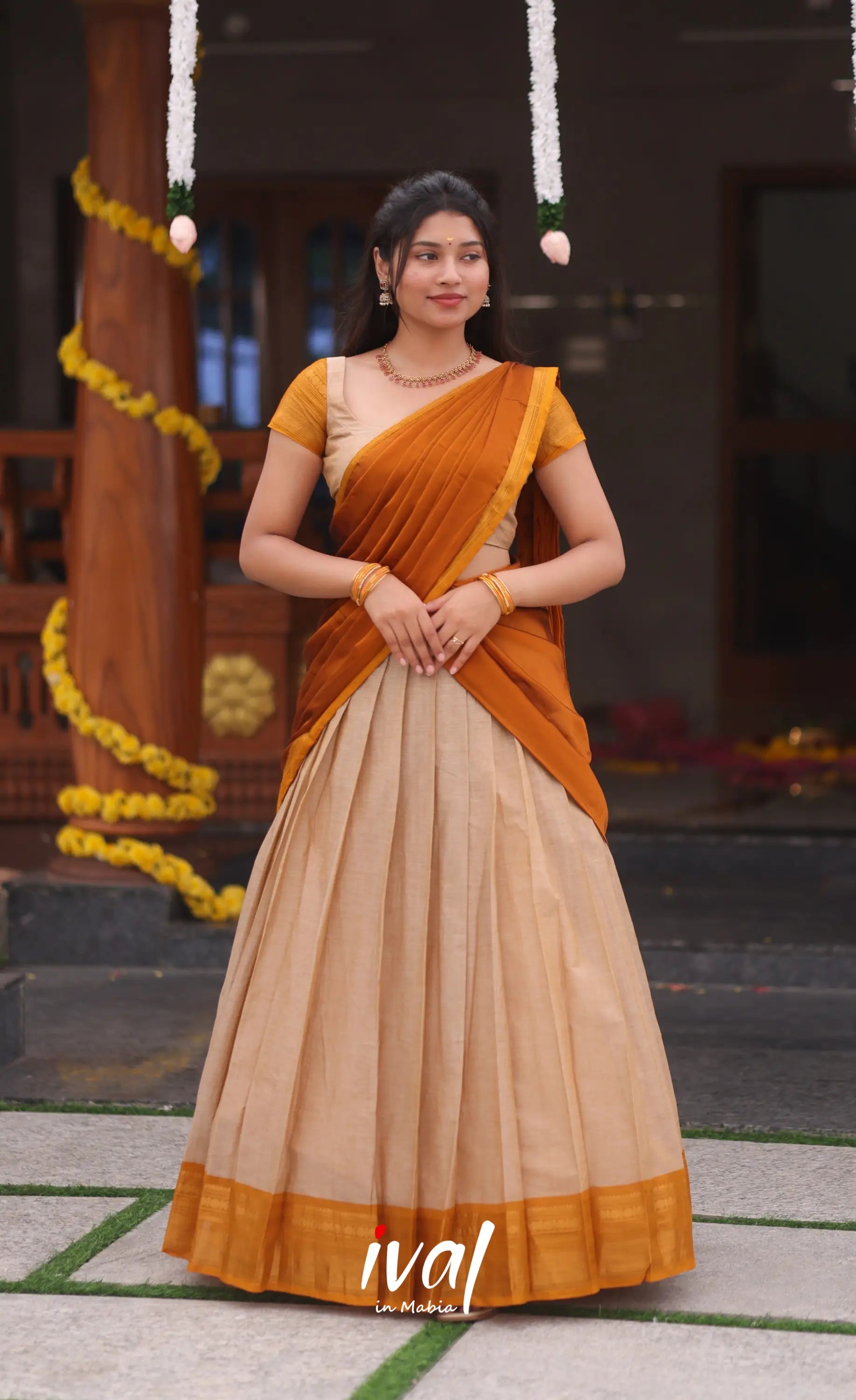 Padmaja Cotton Half Saree - Beige and Mustard yellow - Half Sarees