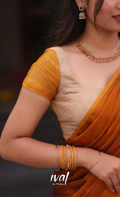 Padmaja Cotton Half Saree - Beige and Mustard yellow - Half Sarees
