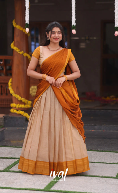 Padmaja Cotton Half Saree - Beige and Mustard yellow - Half Sarees