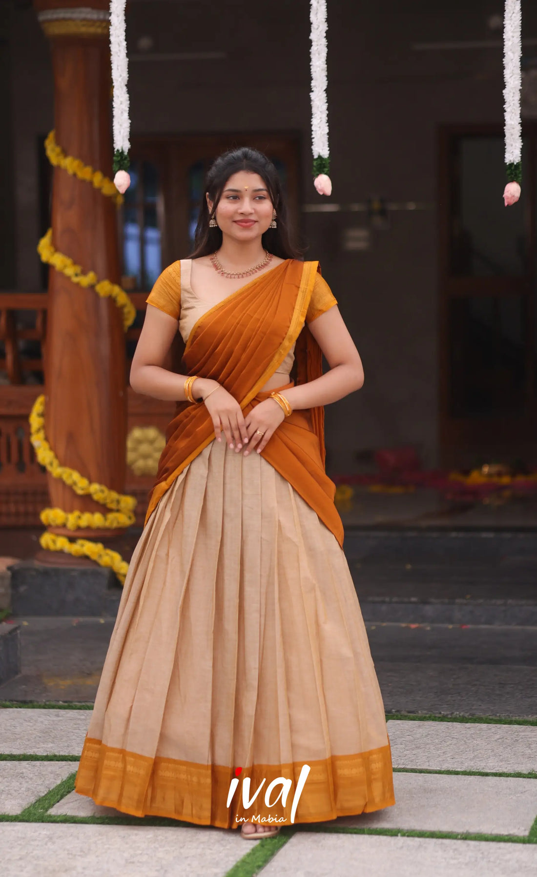 Padmaja Cotton Half Saree - Beige and Mustard yellow - Half Sarees