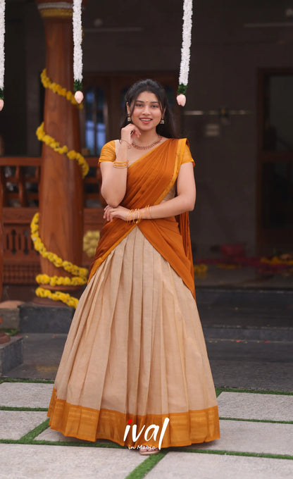 Padmaja Cotton Half Saree - Beige and Mustard yellow - Half Sarees