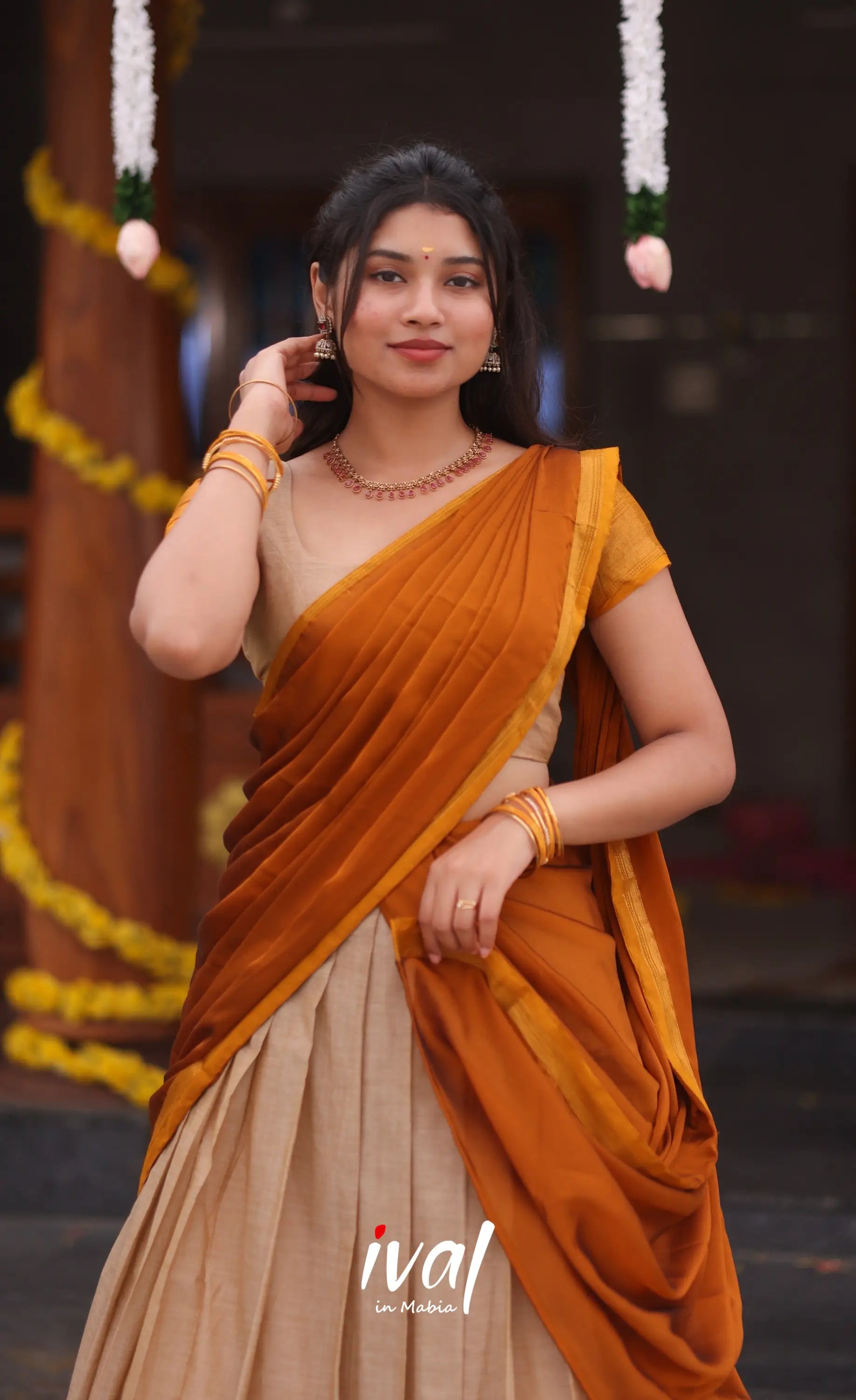 Padmaja Cotton Half Saree - Beige and Mustard yellow - Half Sarees