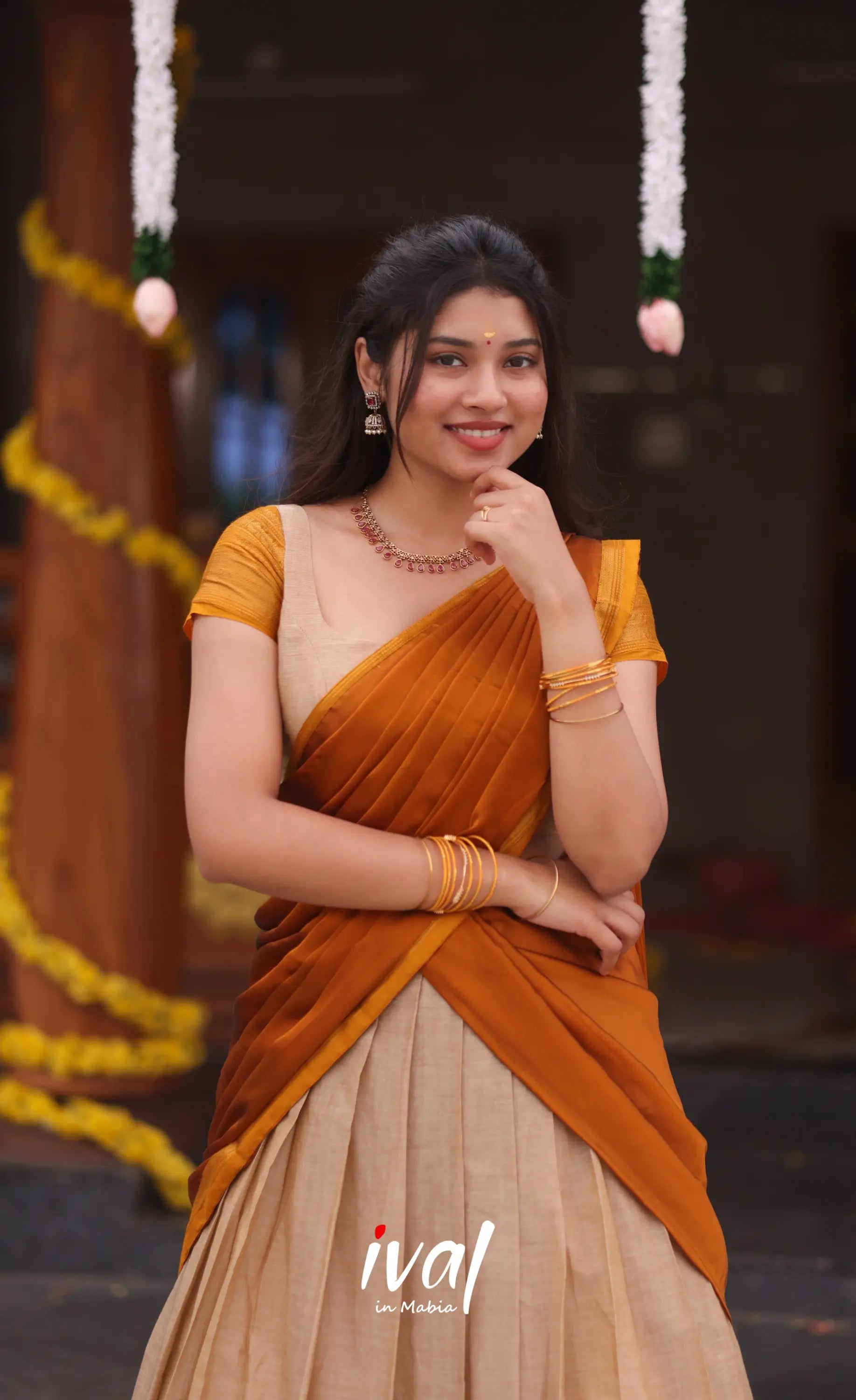 Padmaja Cotton Half Saree - Beige and Mustard yellow - Half Sarees