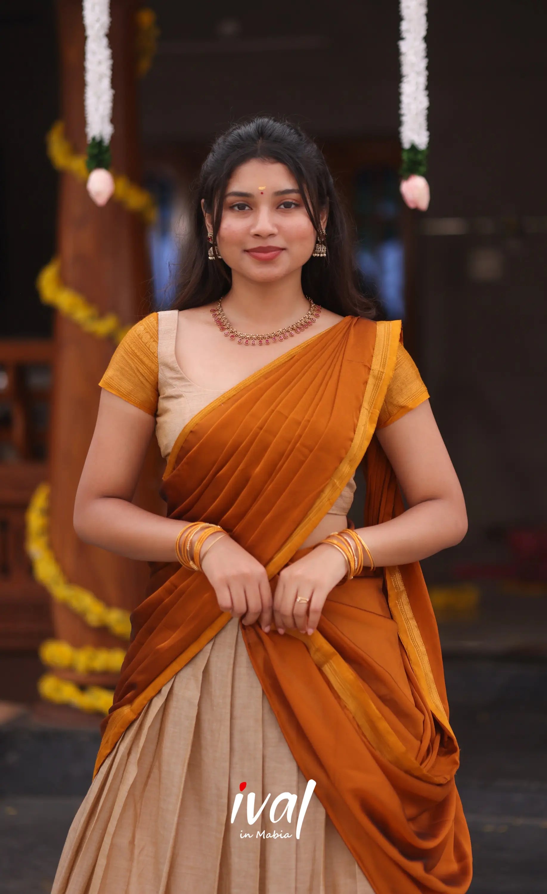 Padmaja Cotton Half Saree - Beige and Mustard yellow - Half Sarees