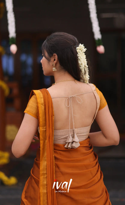 Padmaja Cotton Half Saree - Beige and Mustard yellow - Half Sarees