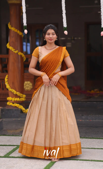 Padmaja Cotton Half Saree - Beige and Mustard yellow - Half Sarees