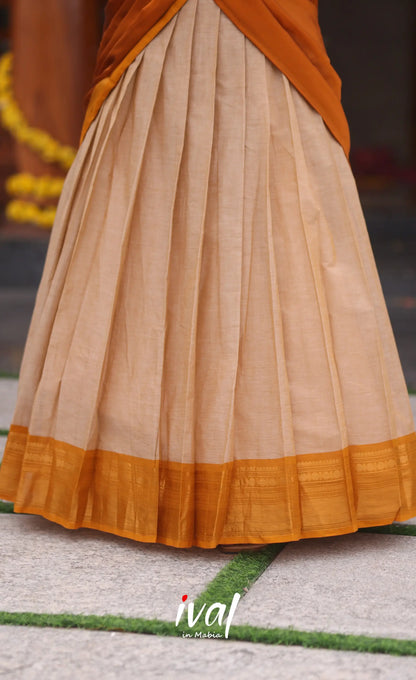 Padmaja Cotton Half Saree - Beige and Mustard yellow - Half Sarees