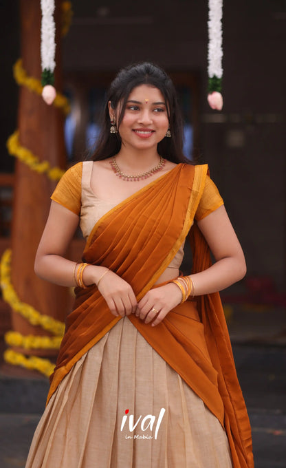 Padmaja Cotton Half Saree - Beige and Mustard yellow - Half Sarees