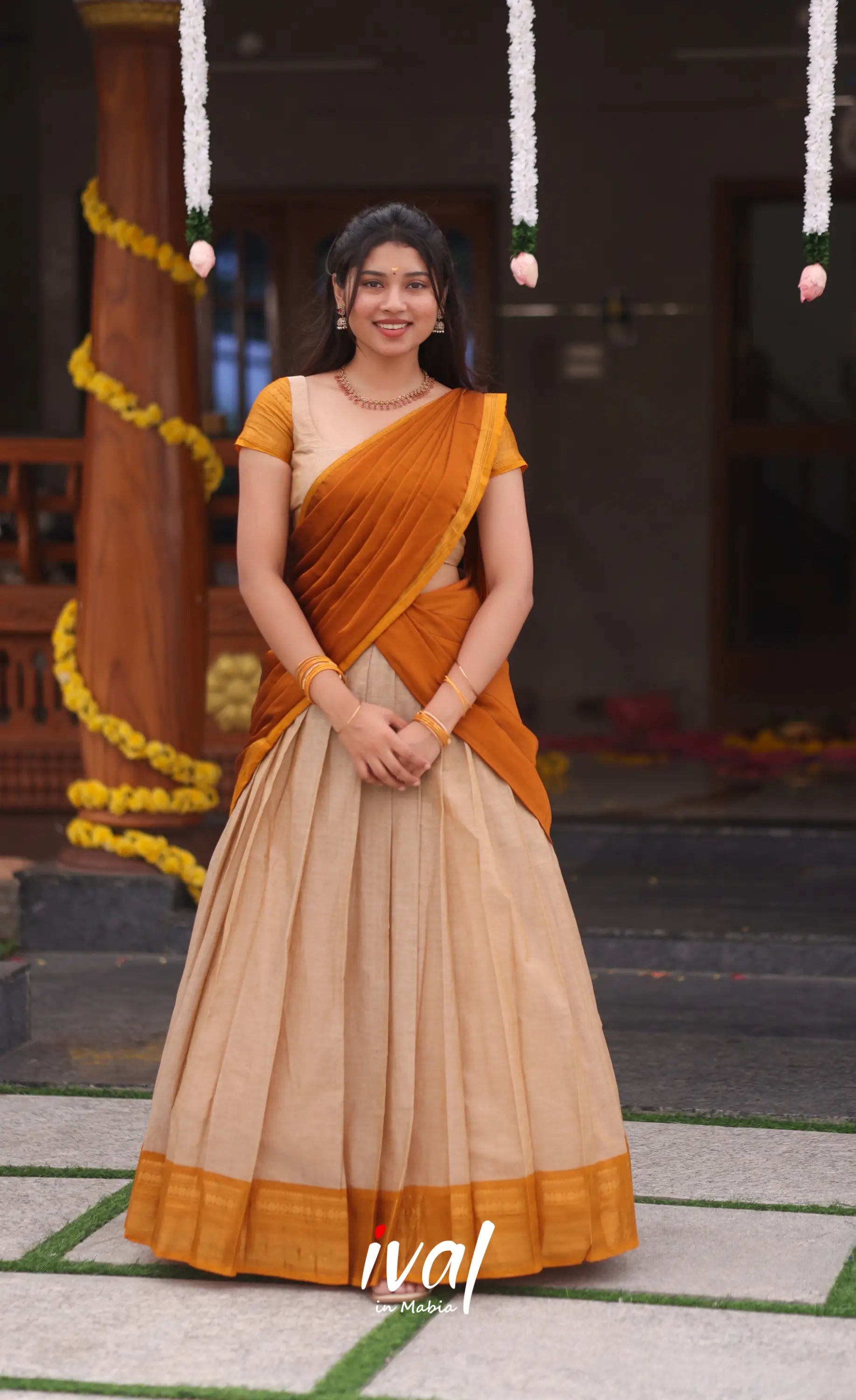 Padmaja Cotton Half Saree - Beige and Mustard yellow - Half Sarees