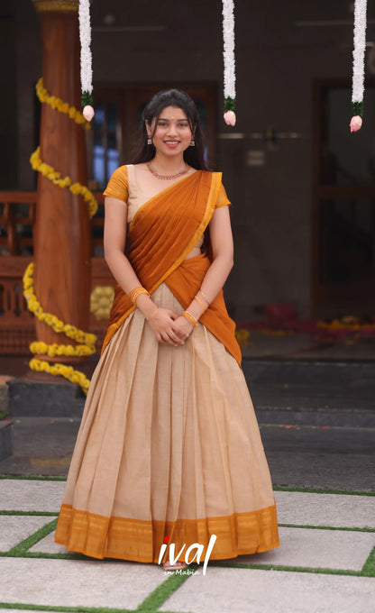 Padmaja Cotton Half Saree - Beige and Mustard yellow - Half Sarees