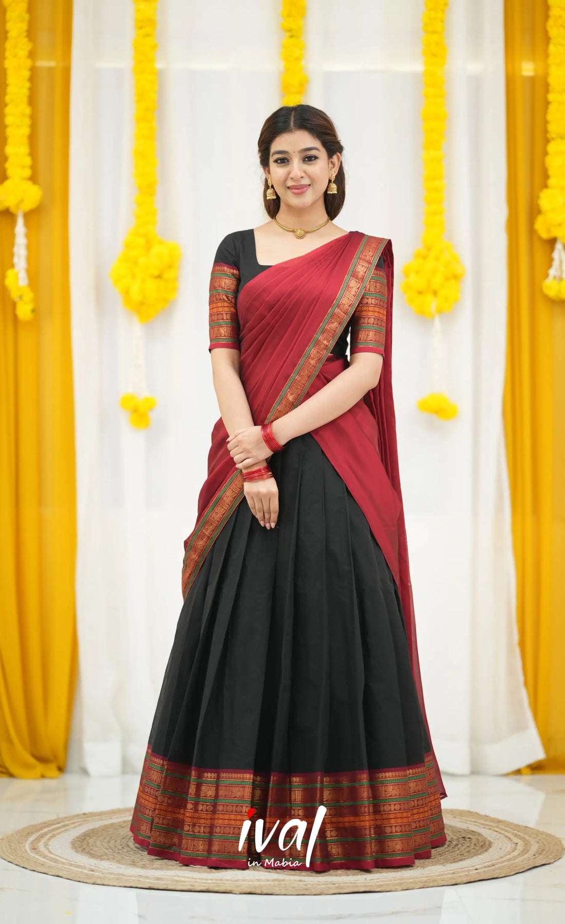 Padmaja Cotton Half Saree - Black and Dark Red Half Sarees