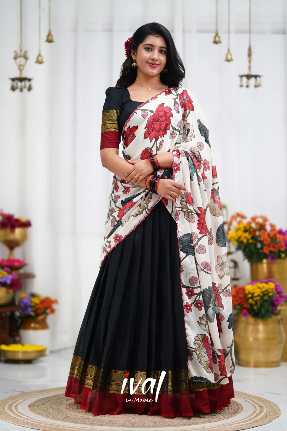 Padmaja Cotton Half Saree - Black And Dark Red Sarees