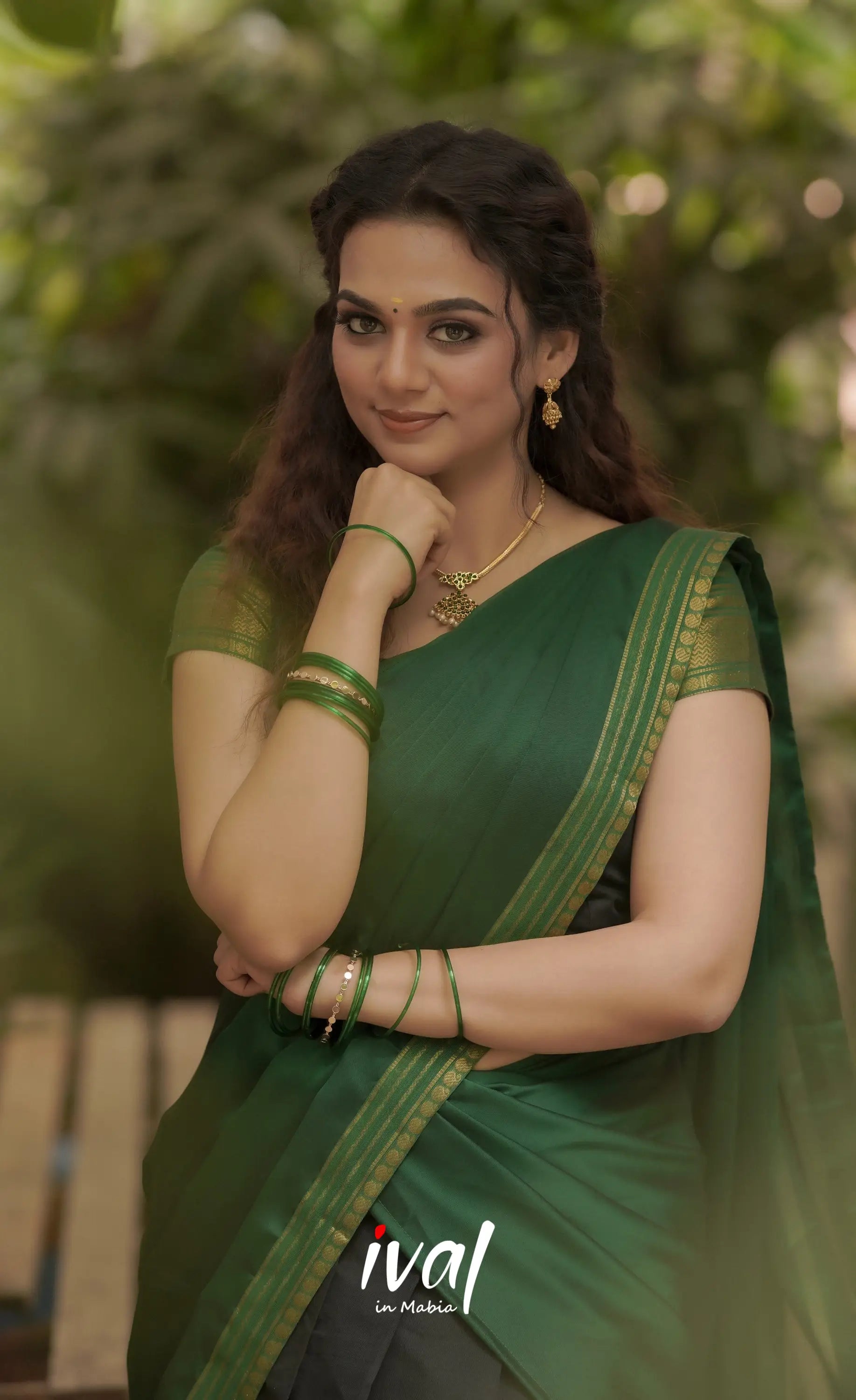 Padmaja Cotton Half Saree - Black And Green Sarees