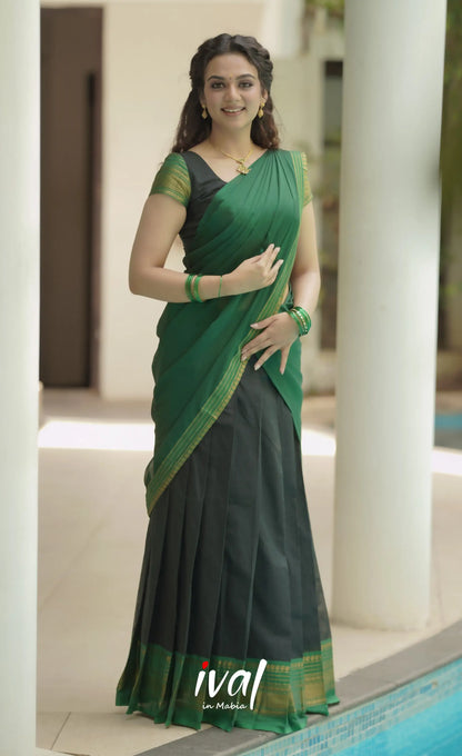 Padmaja Cotton Half Saree - Black And Green Sarees