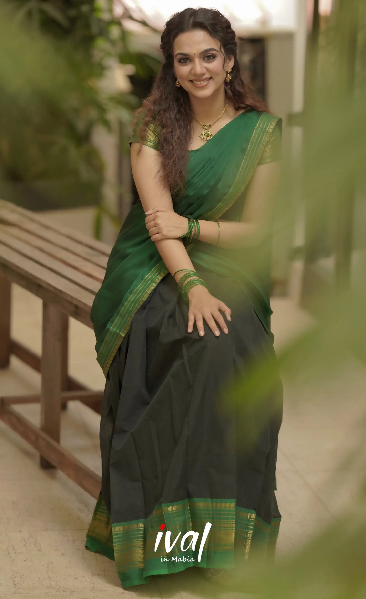 Padmaja Cotton Half Saree - Black And Green Sarees