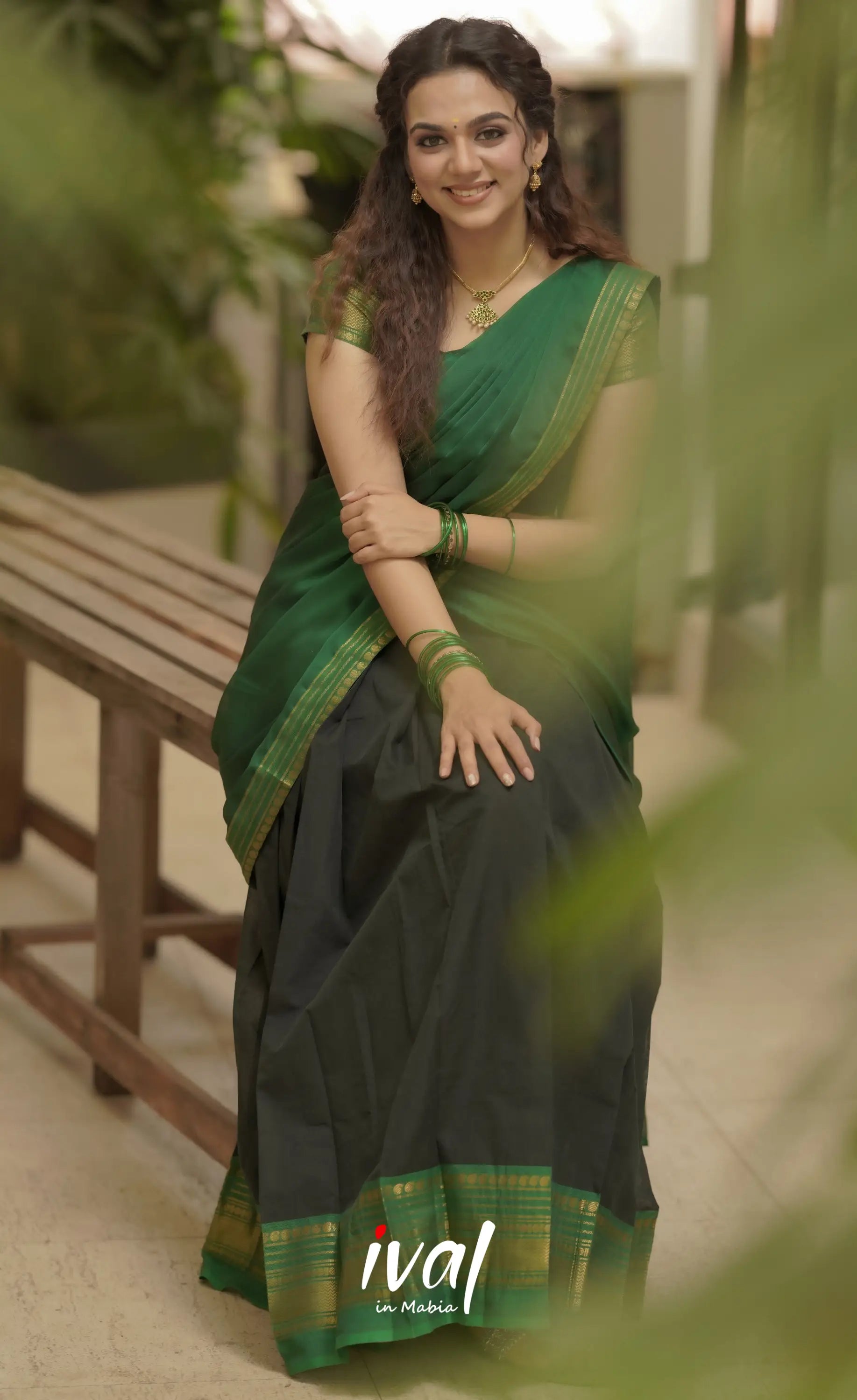 Padmaja Cotton Half Saree - Black And Green Sarees