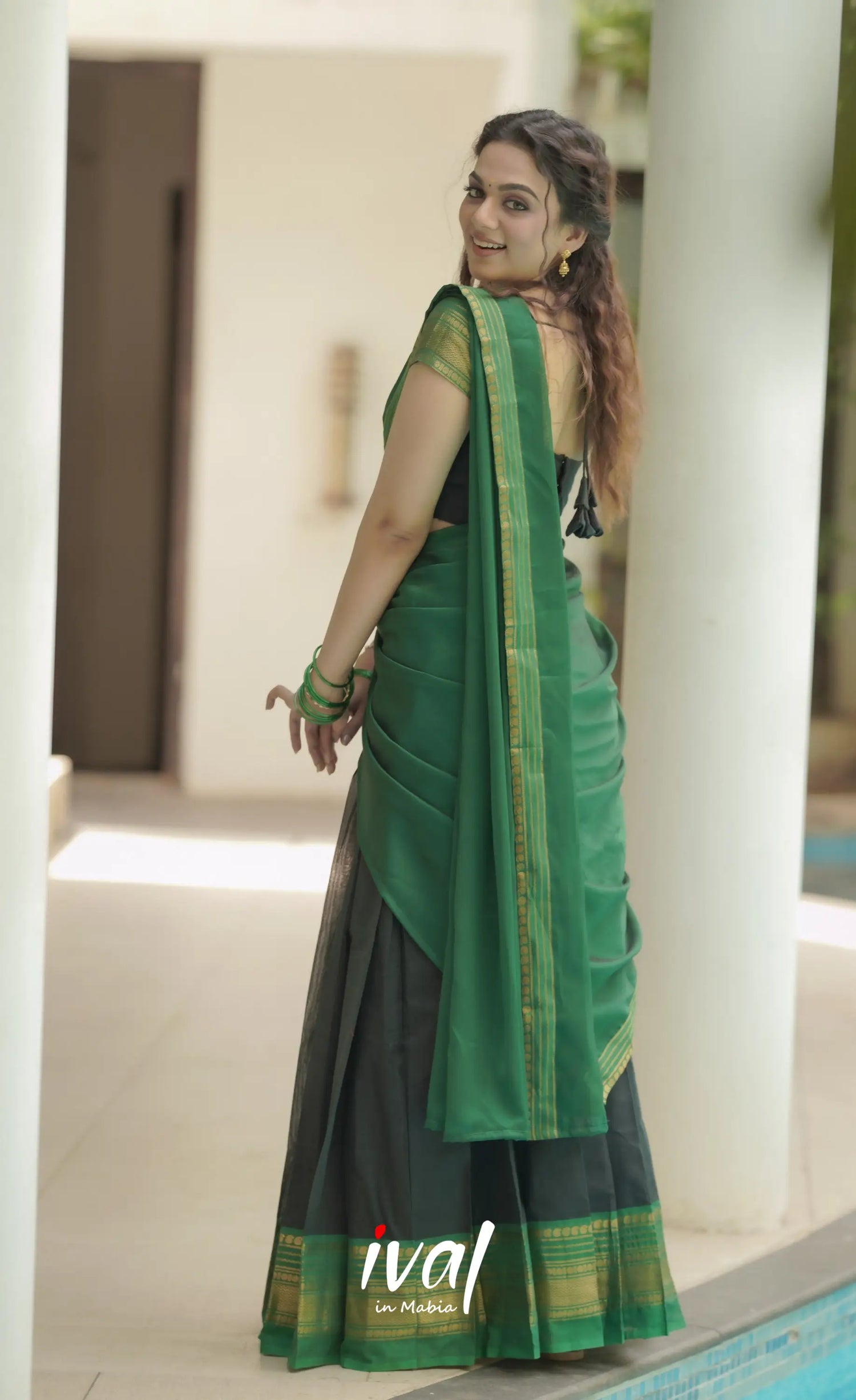 Padmaja Cotton Half Saree - Black And Green Sarees