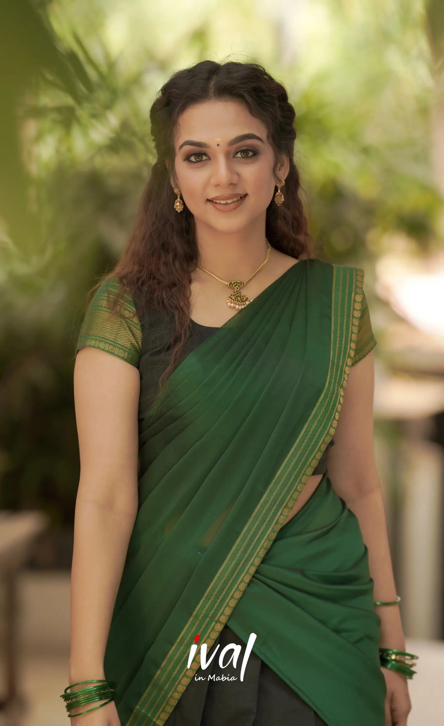 Padmaja Cotton Half Saree - Black And Green Sarees