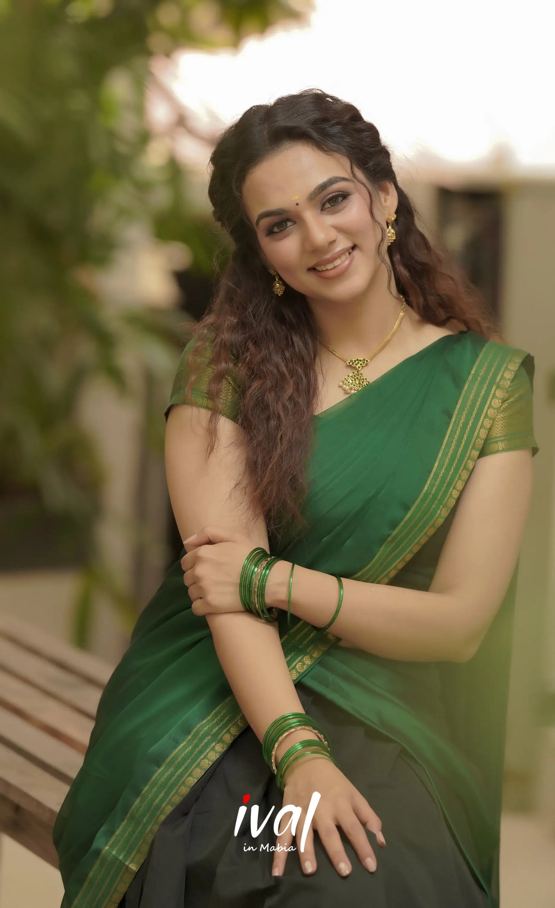 Padmaja Cotton Half Saree - Black And Green Sarees