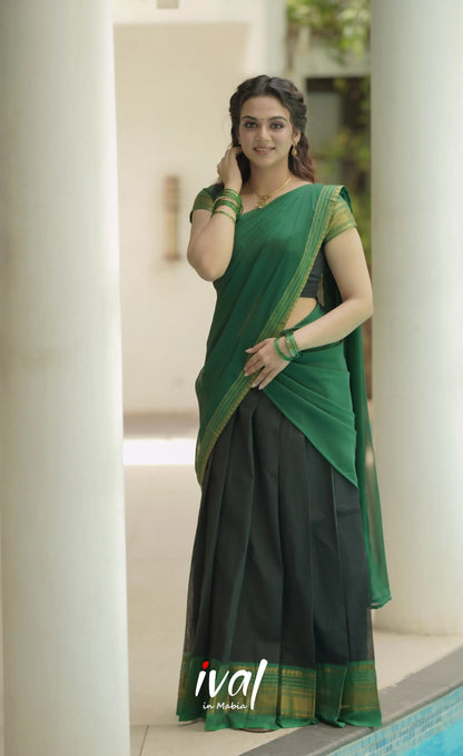 Padmaja Cotton Half Saree - Black And Green Sarees