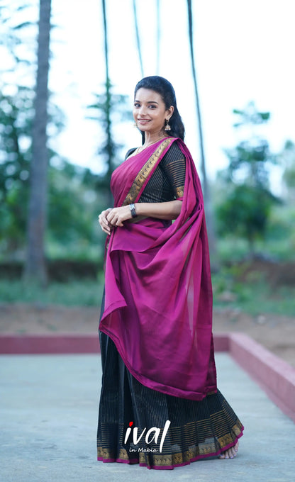 Padmaja Cotton Half Saree - Black And Magenta Sarees