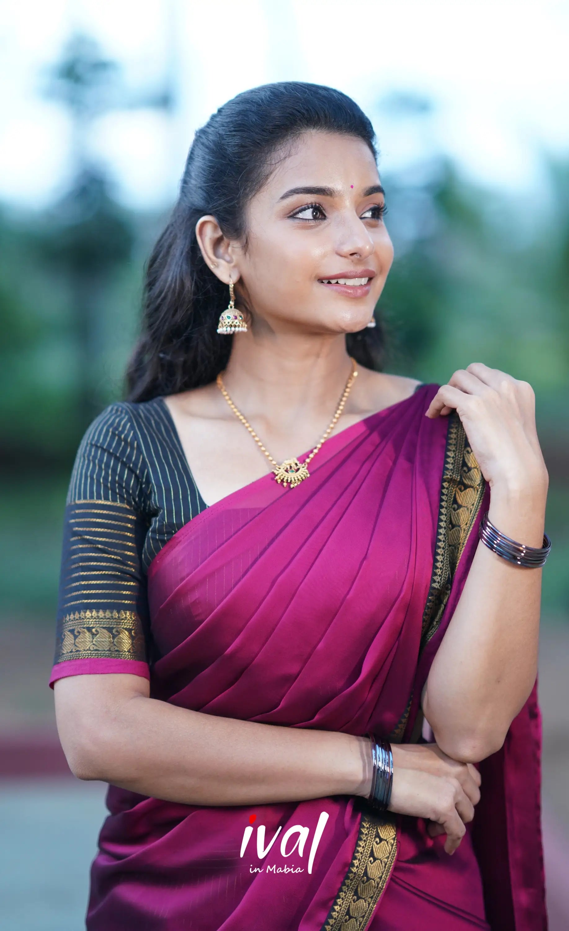 Padmaja Cotton Half Saree - Black And Magenta Sarees