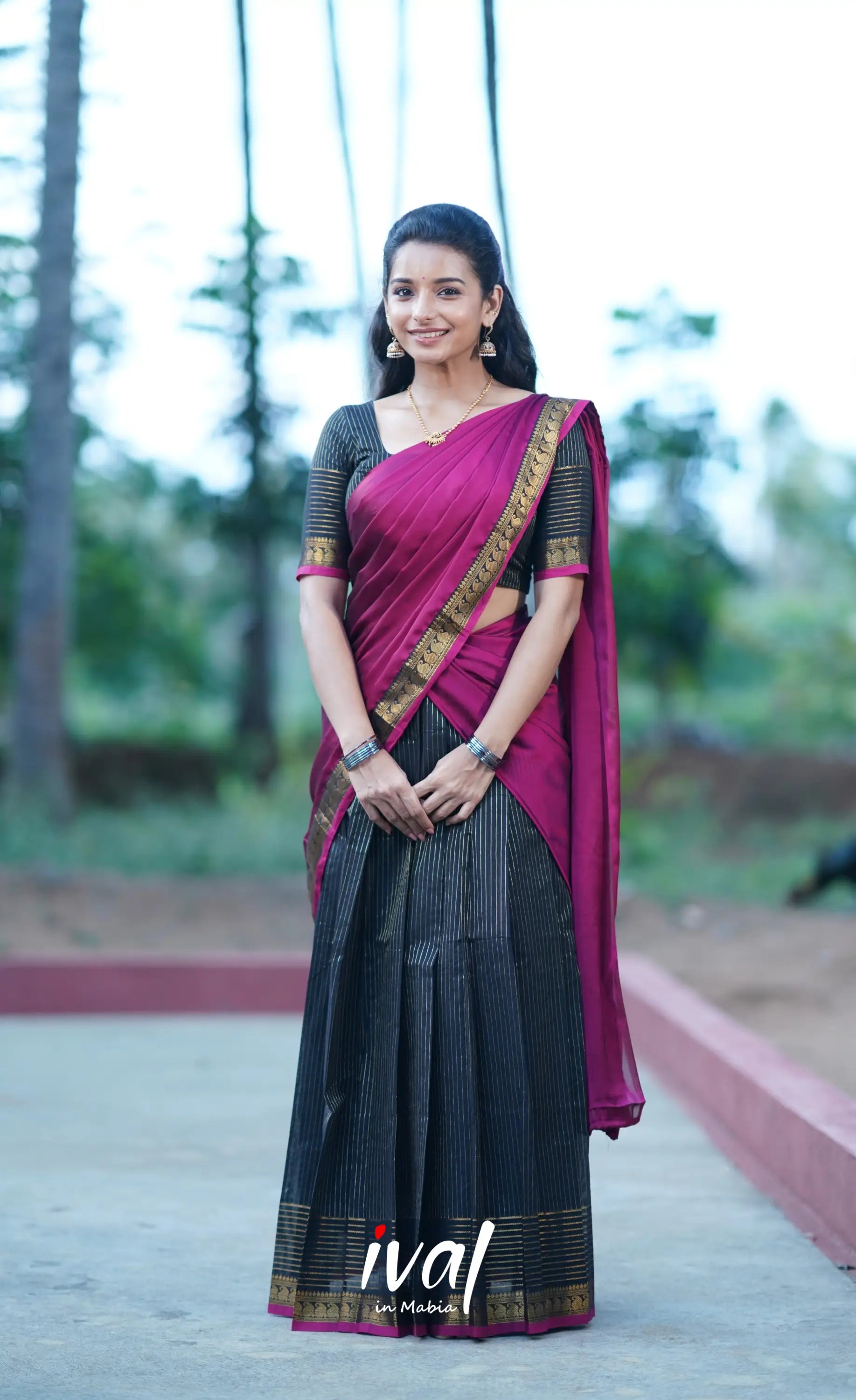 Padmaja Cotton Half Saree - Black And Magenta Sarees