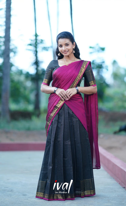 Padmaja Cotton Half Saree - Black And Magenta Sarees