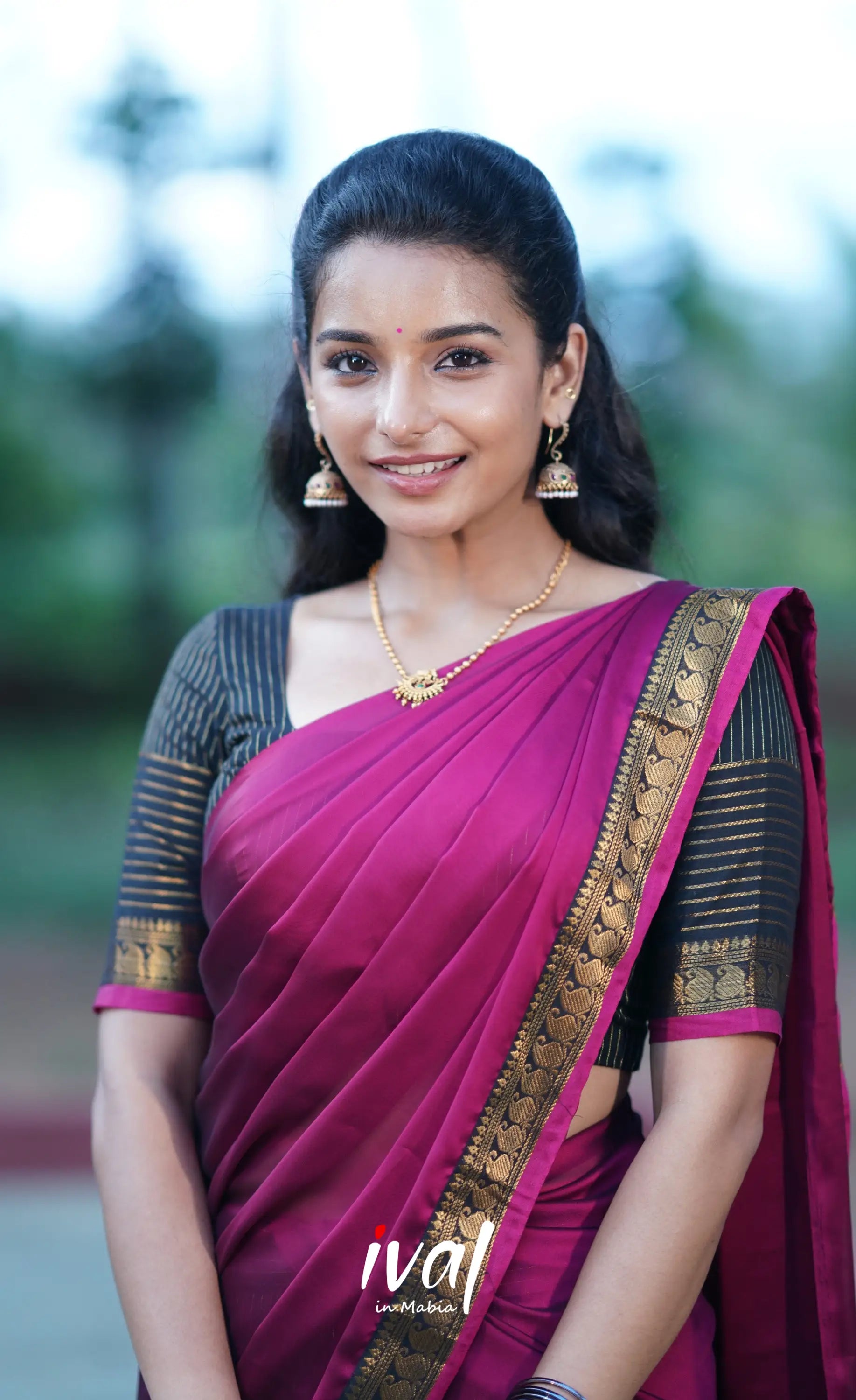 Padmaja Cotton Half Saree - Black And Magenta Sarees