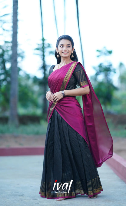 Padmaja Cotton Half Saree - Black And Magenta Sarees