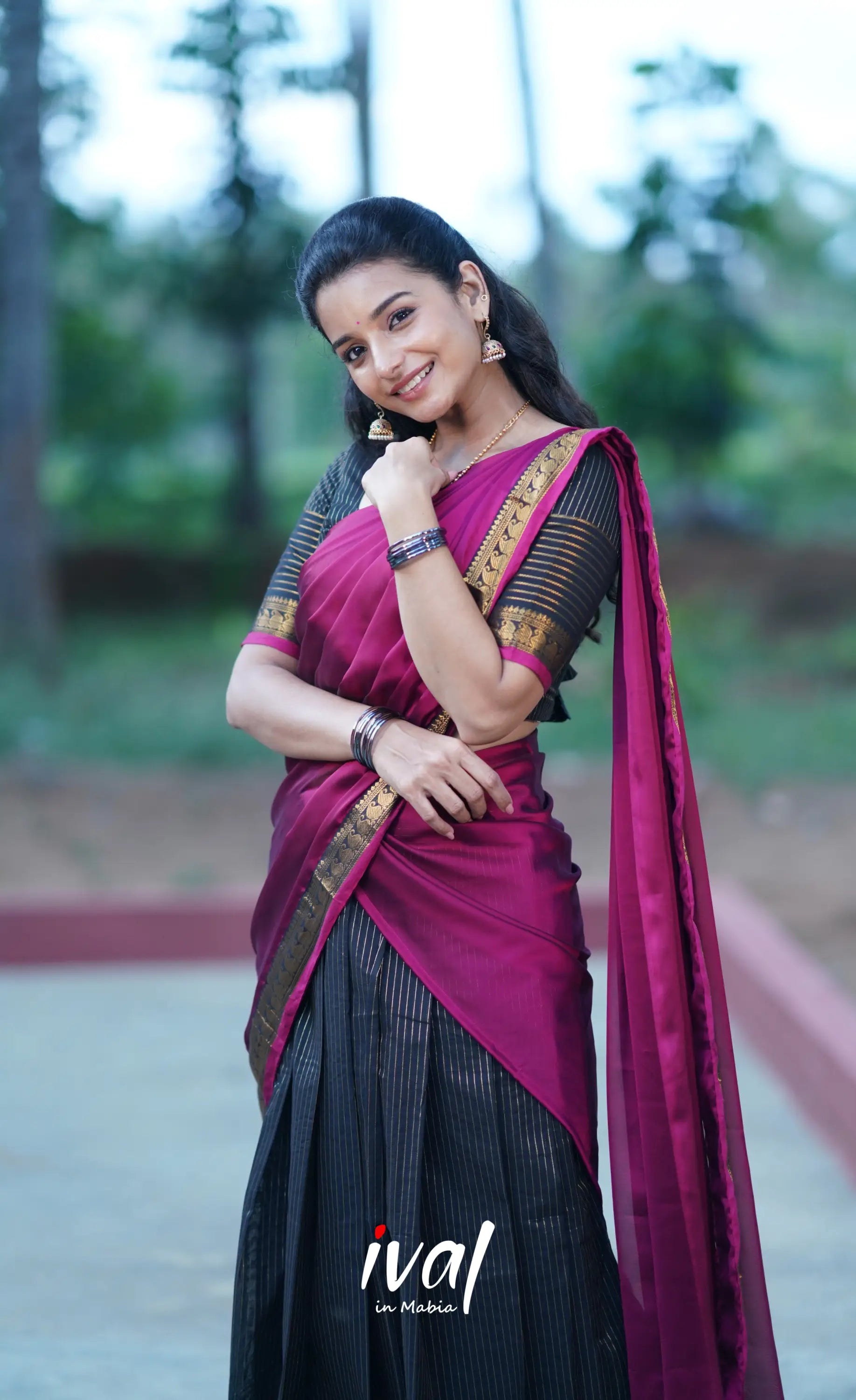 Padmaja Cotton Half Saree - Black And Magenta Sarees