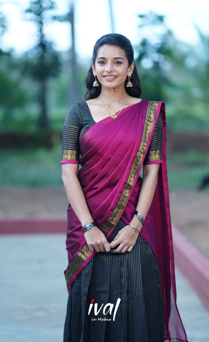 Padmaja Cotton Half Saree - Black And Magenta Sarees