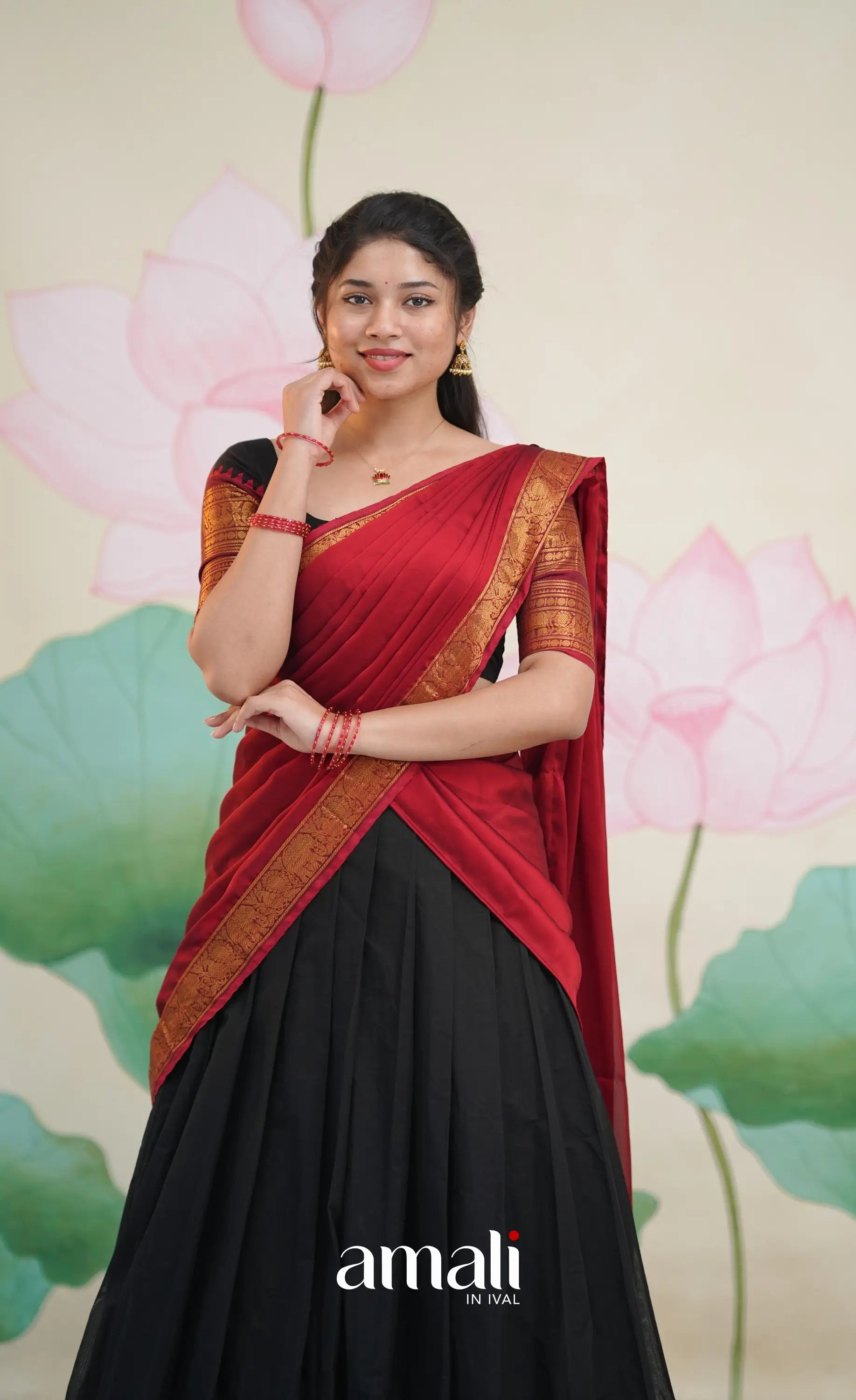 Padmaja Cotton Half Saree - Black and Maroon - Half Sarees