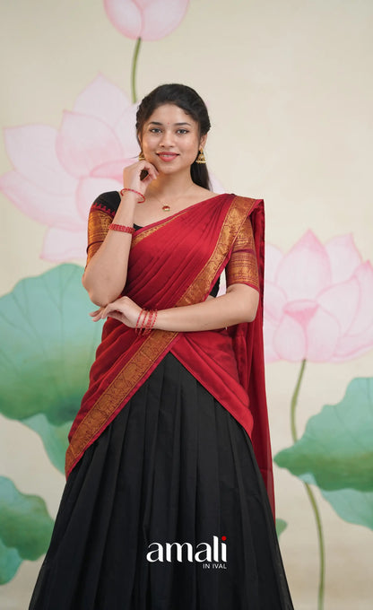 Padmaja Cotton Half Saree - Black and Maroon - Half Sarees