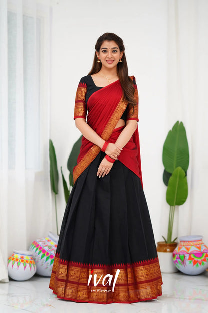 Padmaja Cotton Half Saree - Black And Maroon Sarees