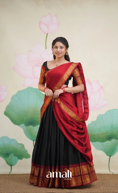 Padmaja Cotton Half Saree - Black and Maroon - Half Sarees