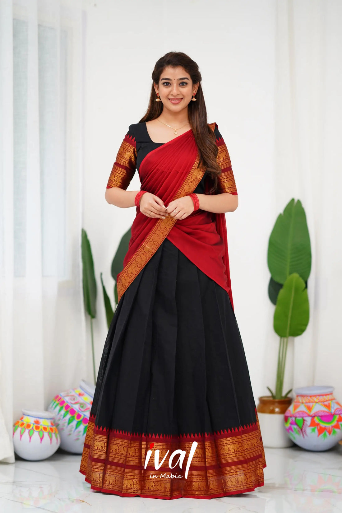 Padmaja Cotton Half Saree - Black And Maroon Sarees