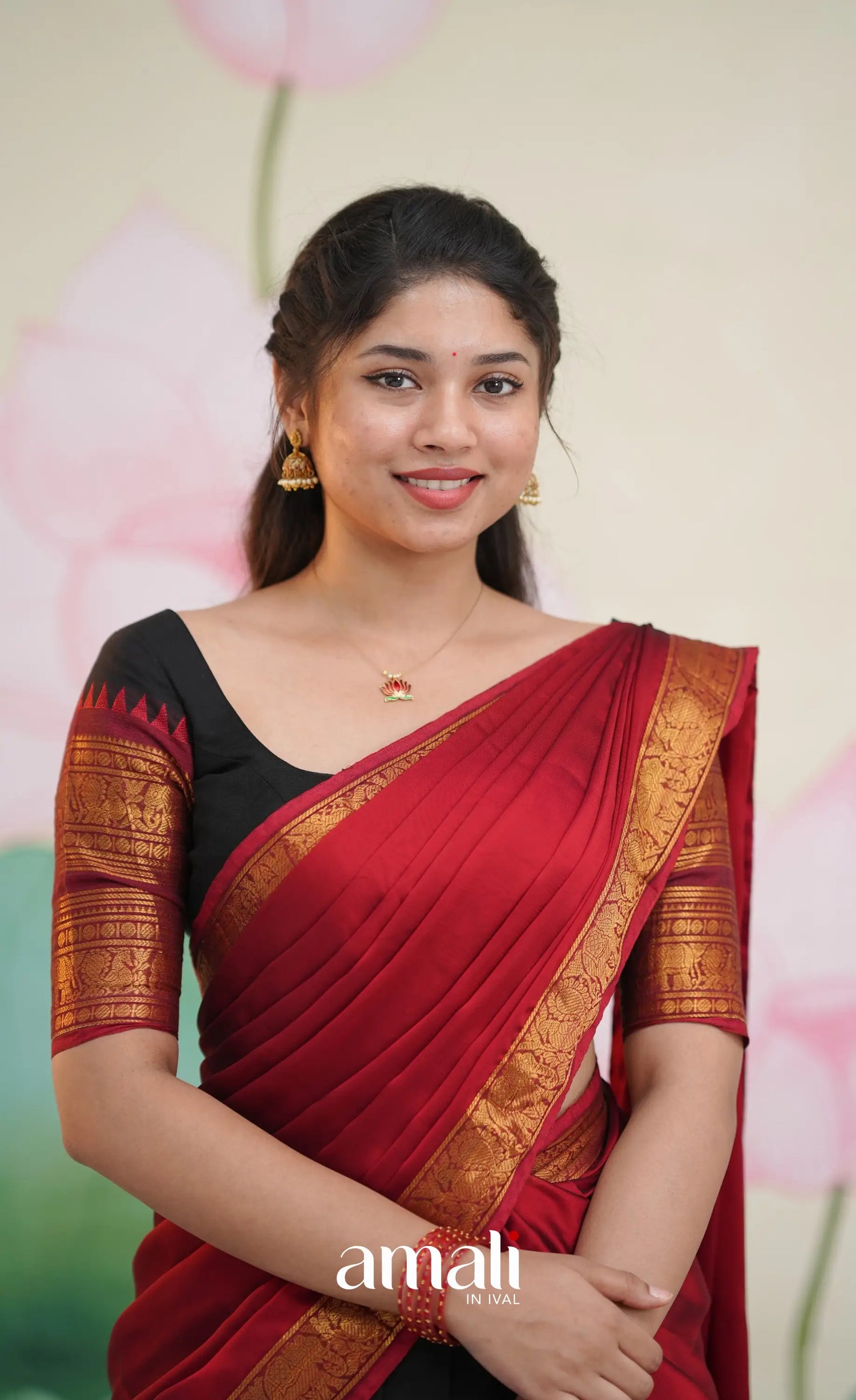 Padmaja Cotton Half Saree - Black and Maroon - Half Sarees