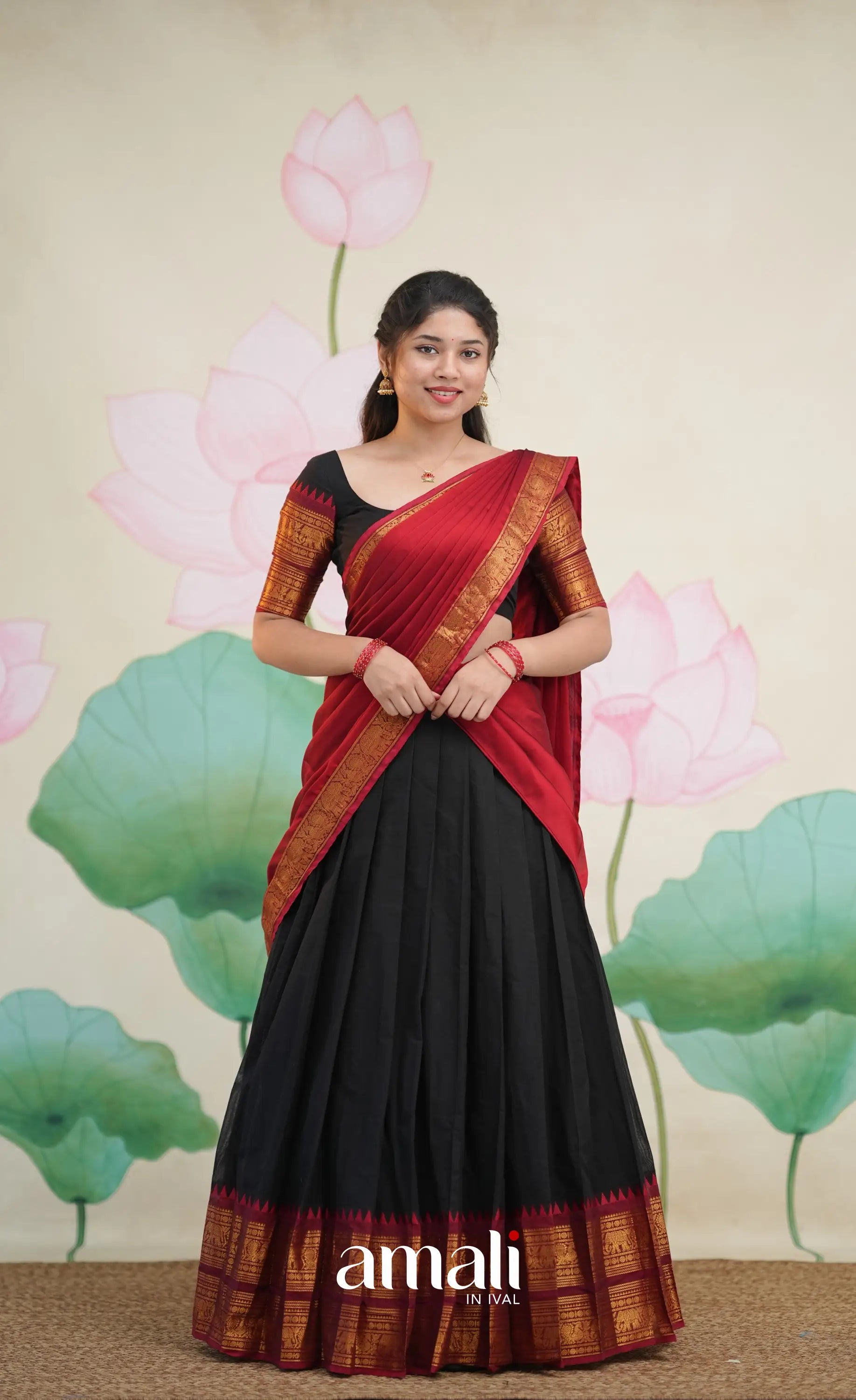 Padmaja Cotton Half Saree - Black and Maroon - Half Sarees